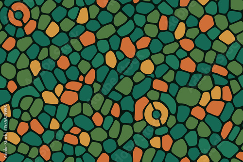 Seamless Chameleon Inspired Mosaic Pattern in Green, Orange, and Yellow
