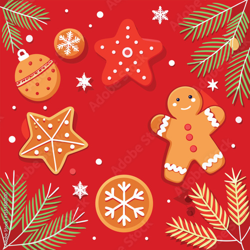 Red Christmas gingerbread background. Xmas design with winter cookies, fir branches, snowflakes and snow. Empty space for your text. Template for cards, banner, poster.
