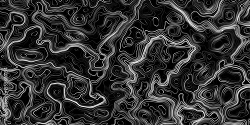 Seamless pattern inspired by physical geography and terrain relief. Abstract black and white topographic map illustration in vector style.