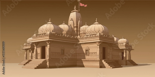 Detailed vector illustration of a traditional Indian temple, showcasing domes, spires, and ornate carvings