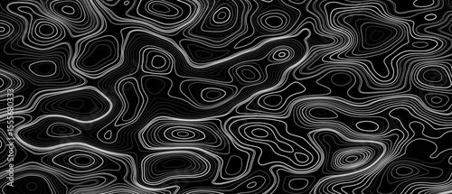 Seamless pattern inspired by physical geography and terrain relief. Abstract black and white topographic map illustration in vector style.