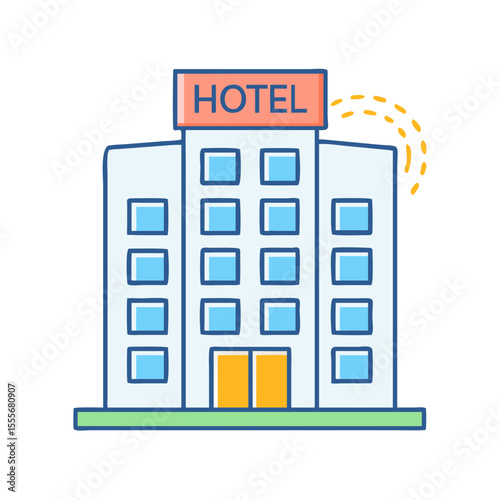 Modern hotel building with bright signage and sunny aura