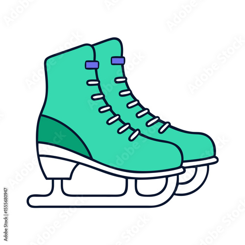 A pair of teal ice skates with white laces and purple accents