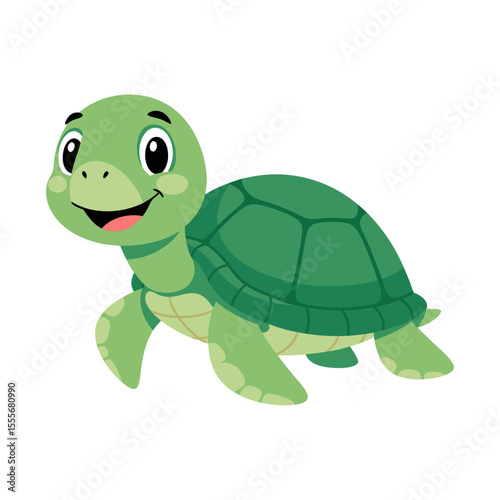 Cute Cartoon Green Turtle Smiling Vector Illustration - Adorable Aquatic Animal Graphic