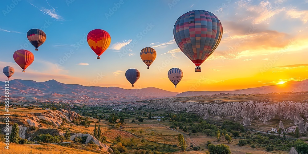 Obraz premium Colorful Hot Air Balloons Flying Over Scenic Landscape During Sunset