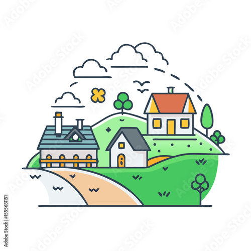 Charming village scene with rolling hills and cozy houses