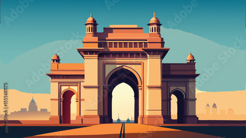Gateway of india building with arches and domes against blue sky landscape illustration