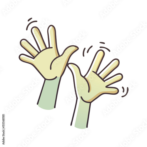 Two cartoon hands waving hello or goodbye with a cheerful gesture