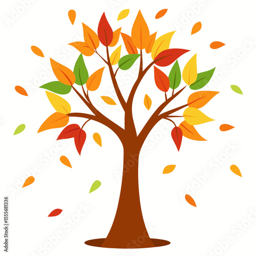 Stylized autumn tree with falling leaves in vibrant red orange yellow and green colors