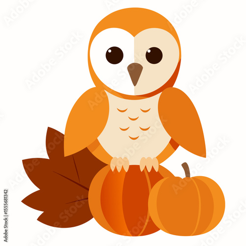Cute cartoon owl sitting on pumpkins with autumn leaf illustration
