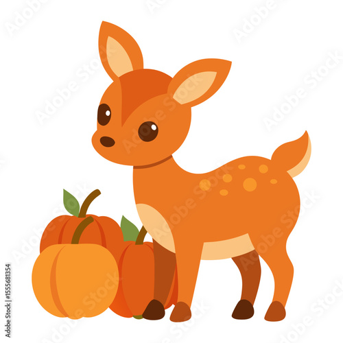 Cute cartoon fawn standing with pumpkins in autumn season