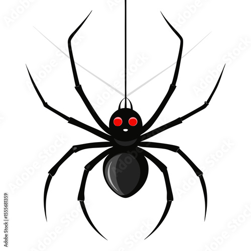 Cartoon black widow spider with red eyes hanging on a web strand