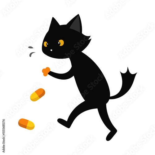 Cute black cat playing with orange and yellow pills on a white background
