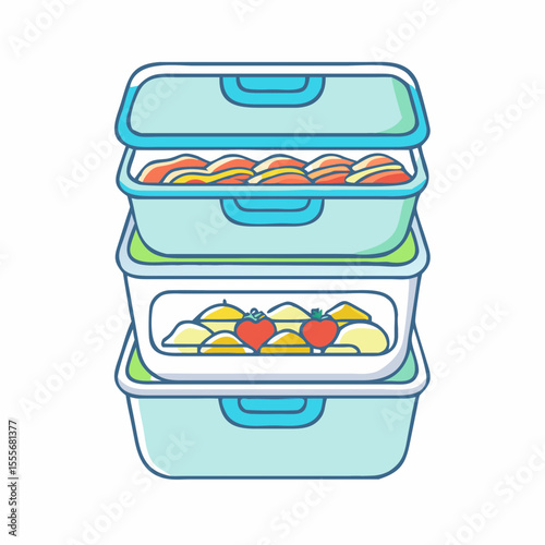 Stack of colorful food containers filled with healthy meals and snacks