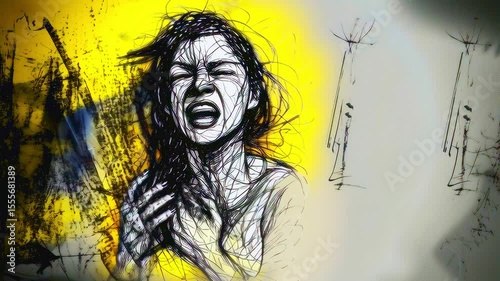 Mental health footage, pencil drawing with black lines, depressed woman holding her head with her hands, tangled lines and chaos video, depression and mental disorder and catharsis