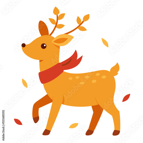Cute cartoon deer wearing a red scarf surrounded by falling autumn leaves