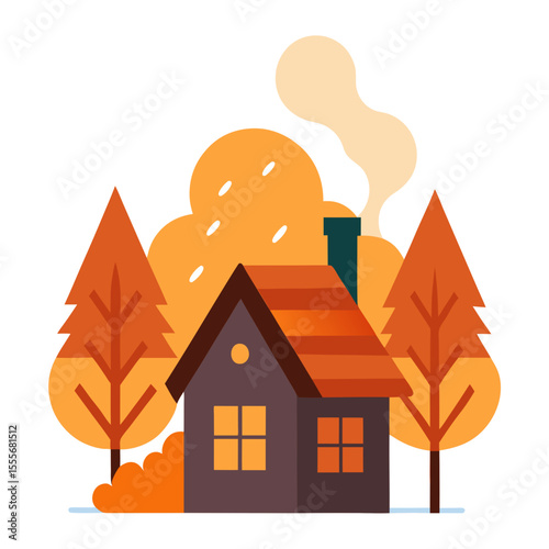 Cozy cabin nestled among colorful autumn trees with smoke from chimney