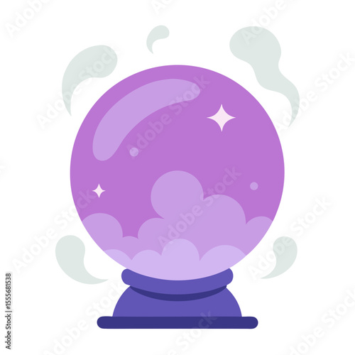 Mystical purple crystal ball with swirling smoke and stars on a stand