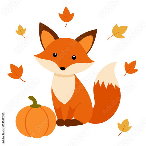 Cute cartoon fox sitting next to a pumpkin surrounded by falling autumn leaves