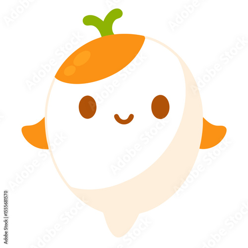 Cute and kawaii white radish character with orange top and green stem