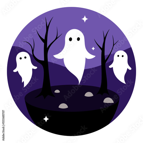 Three friendly white ghosts float among spooky bare trees on a dark purple night