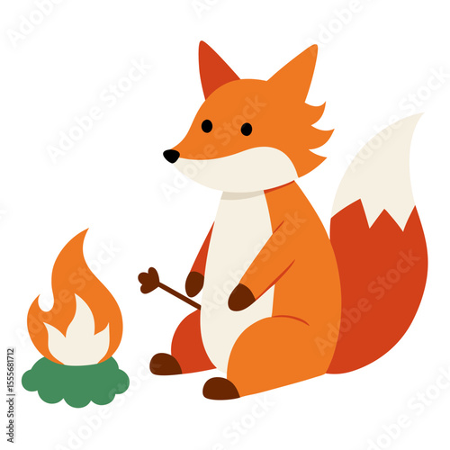 Cute cartoon fox sitting by a campfire roasting a marshmallow on a stick