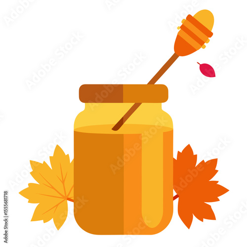 Jar of golden honey with a dipper and autumn leaves on a white background