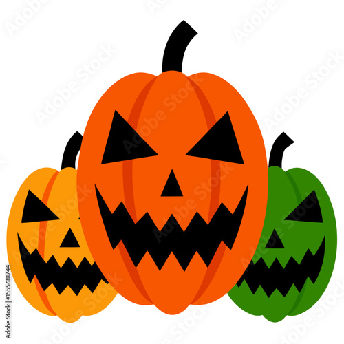 Three spooky jack o lanterns with scary faces on a white background