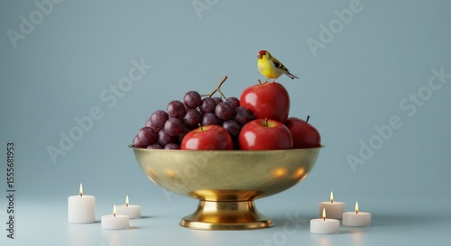 Red Apples, Purple Grapes, Small Bird in Gilded Bowl with White Candles