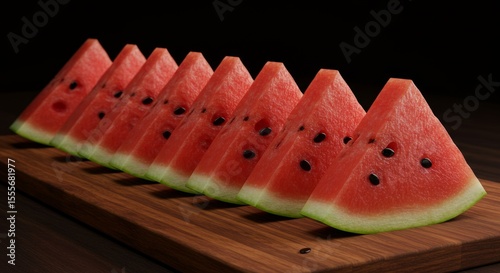 Red Watermelon Slices Lined on Wooden Board Against Dark Background
