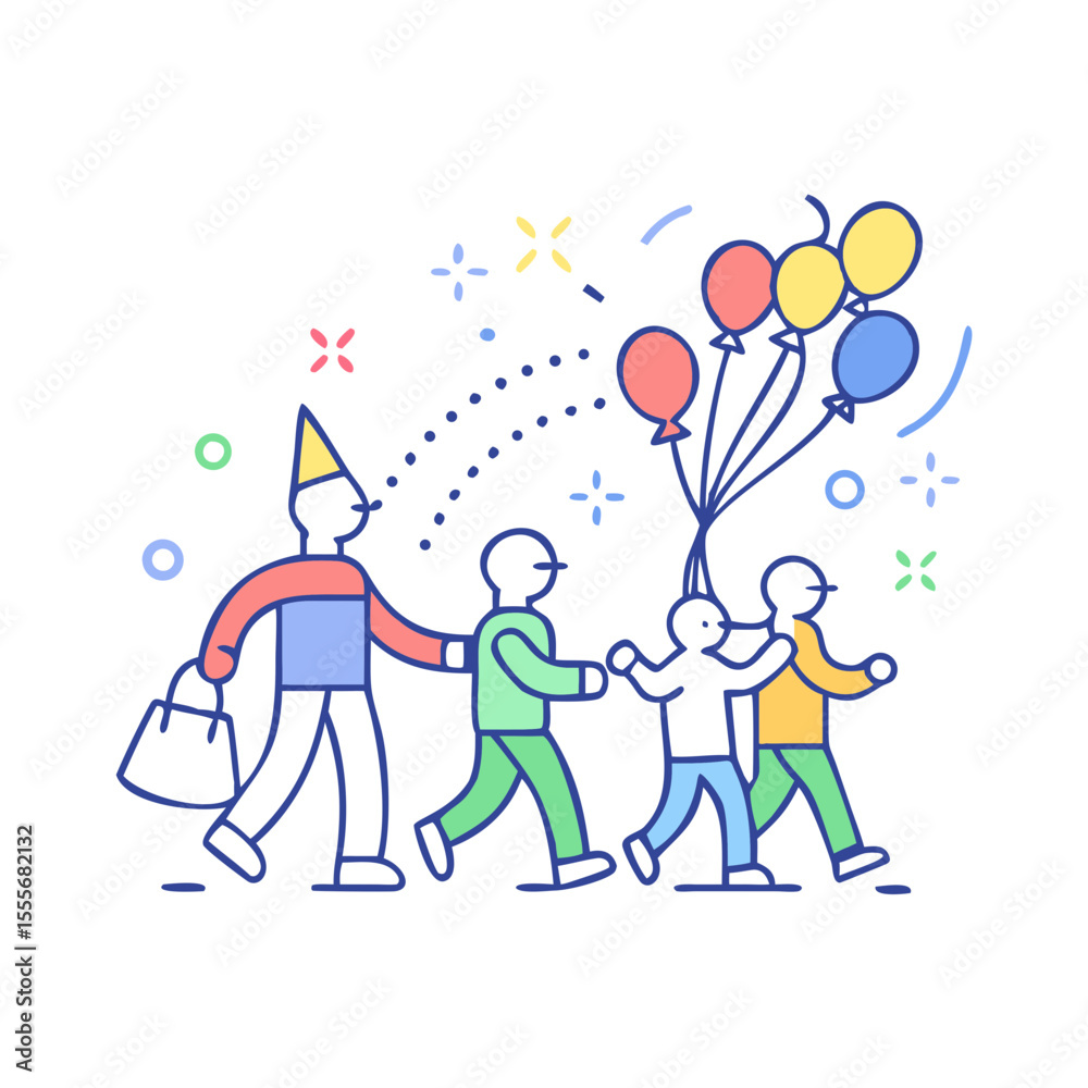 Fototapeta premium Joyful parade of people with balloons and party hat