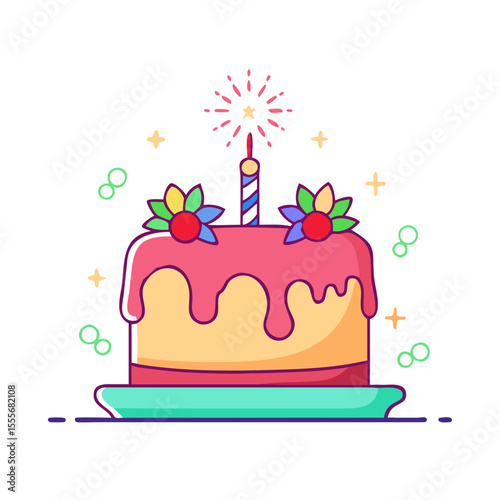 Festive birthday cake illustration with sparkler and decorations