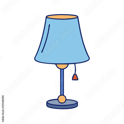 Simple blue table lamp with orange accents and pull chain