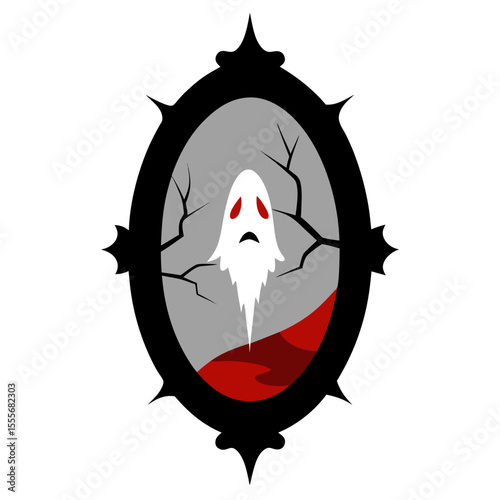 Spooky ghost with red eyes trapped inside a cracked antique mirror