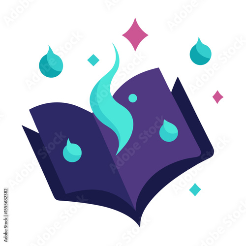 Magical open book with teal flame and sparkles illustration