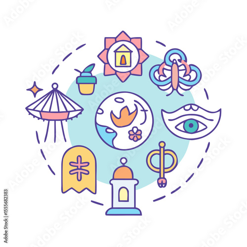 Diverse symbols representing spirituality culture and the universe