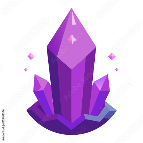 Vibrant purple crystal cluster with sparkling facets and smaller floating gems