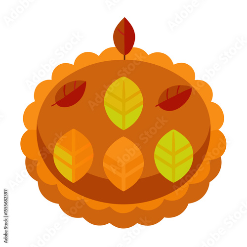 Stylized autumn pie decorated with colorful falling leaves and fluted crust
