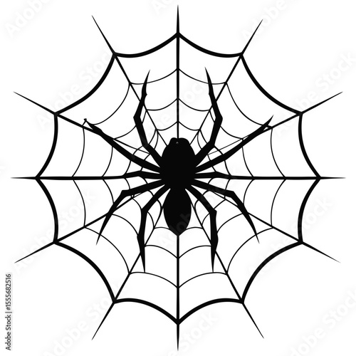 Black spider silhouette on a white spider web against a white background