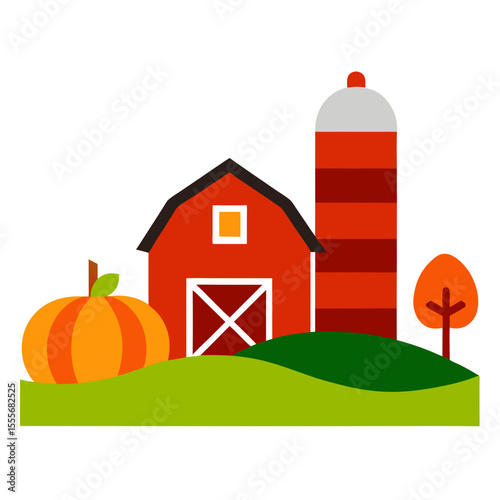 Charming flat design illustration of a rustic farm scene with a barn silo and pumpkin