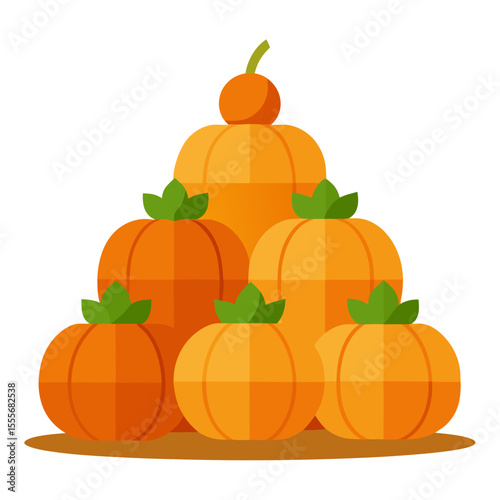 A pyramid arrangement of flat design pumpkins with green leaves and stems