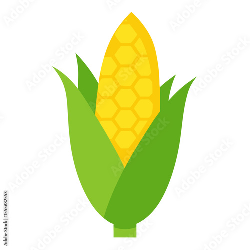 Flat illustration of a ripe yellow corn cob with green husks