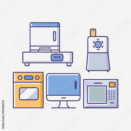 Collection of hand drawn household appliances and electronics icons