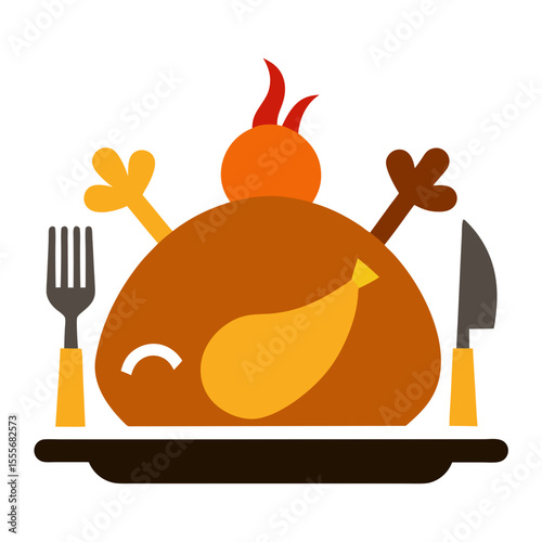 Stylized roasted turkey dinner with fork and knife ready to serve