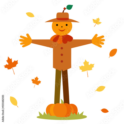 Friendly cartoon scarecrow with outstretched arms surrounded by falling autumn leaves