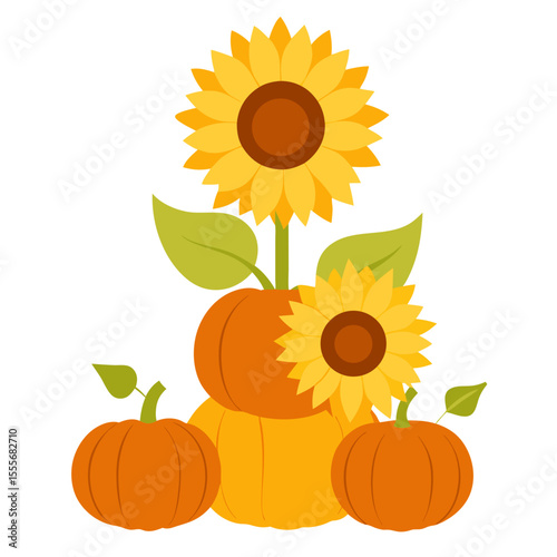 Autumn harvest arrangement of pumpkins and sunflowers with green leaves