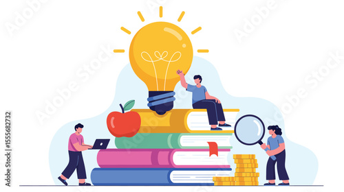 Creative education concept with books, light bulb, magnifying glass, apple, and people engaged in learning and innovative study activities