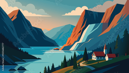 Stylized vista with mountains lake and a quaint village scene landscape illustration