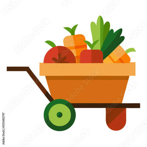 Flat design illustration of a wheelbarrow filled with fresh vegetables and fruits