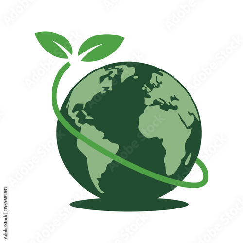 Eco-friendly illustration of planet Earth wrapped in green leaves and vine symbolizing sustainability, nature, and environmental care